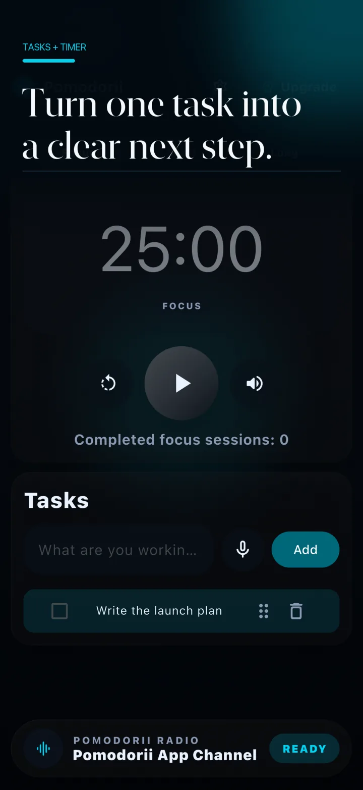 Pomodori timer with the active task Write the launch plan