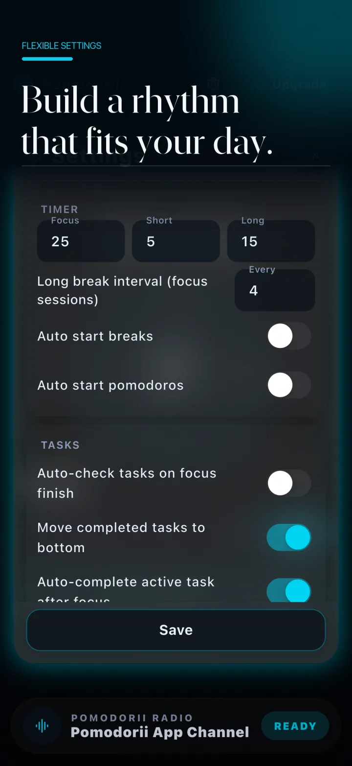 Pomodori settings for focus, short break, and long break durations